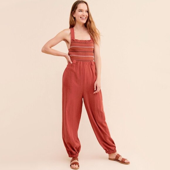 NWT Free People stitched smock linen blend jumpsuit - Picture 6 of 16
